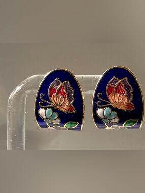 Vintage Blue Enamel Butterfly Floral pierced Earrings